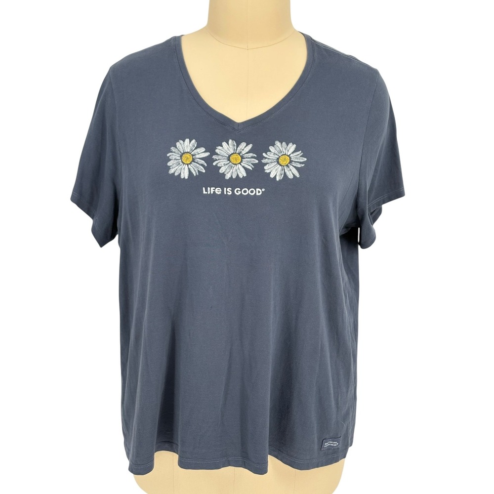 Life Is Good Crusher V-Neck Tee Blue Daisy Graphic 100% Cotton XXXL